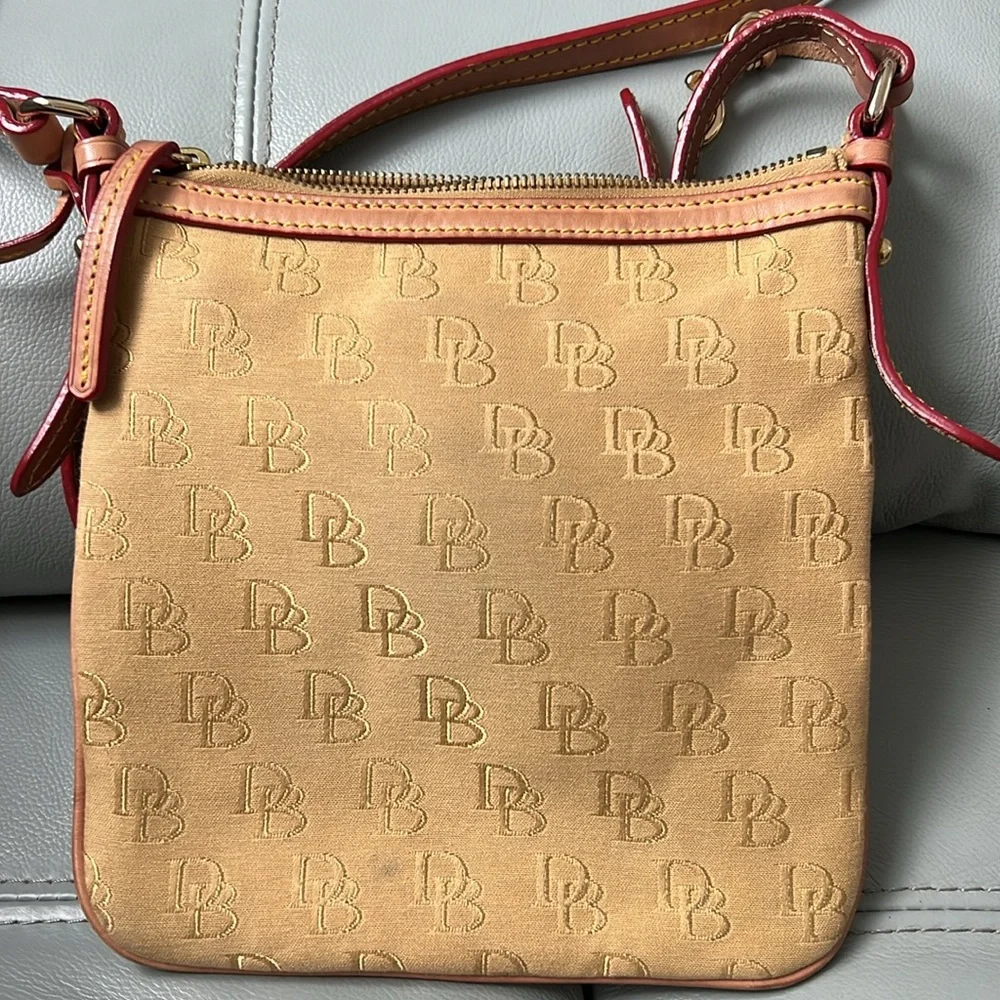 Dooney & Bourke Tan canvas DB signature Crossbody Bag with Leather Trim
